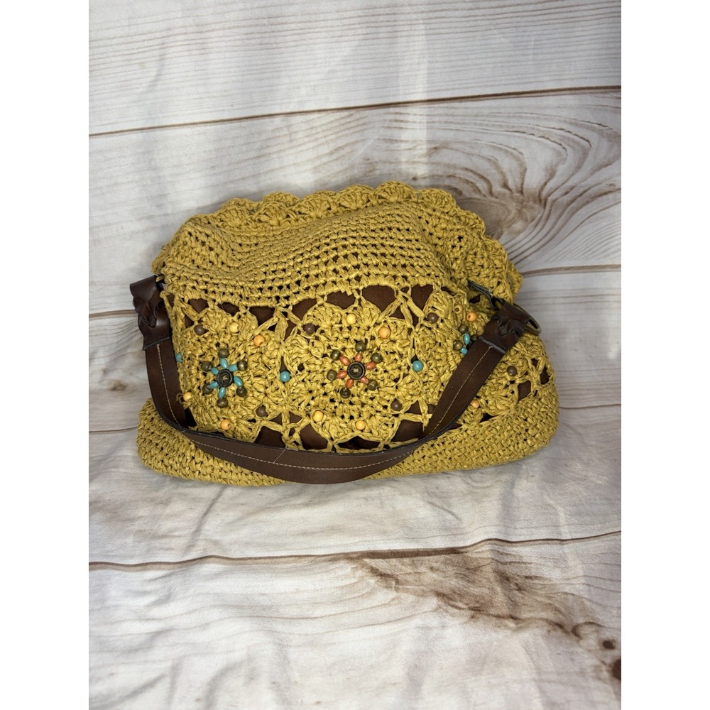 Vintage Y2K St Johns Bay Braided Paper Straw Faux Leather‎ Beaded Shoulder Bag